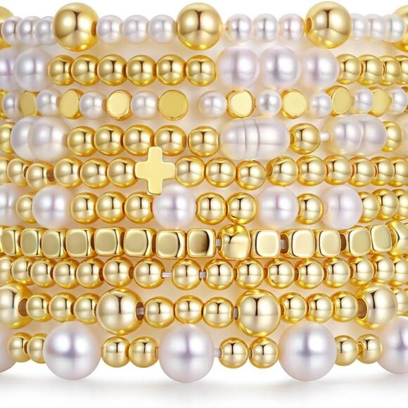 Gold Bead Bracelets Set 10PCS Elastic Stackable Pearl Jewelry for Women - Picture 1 of 7